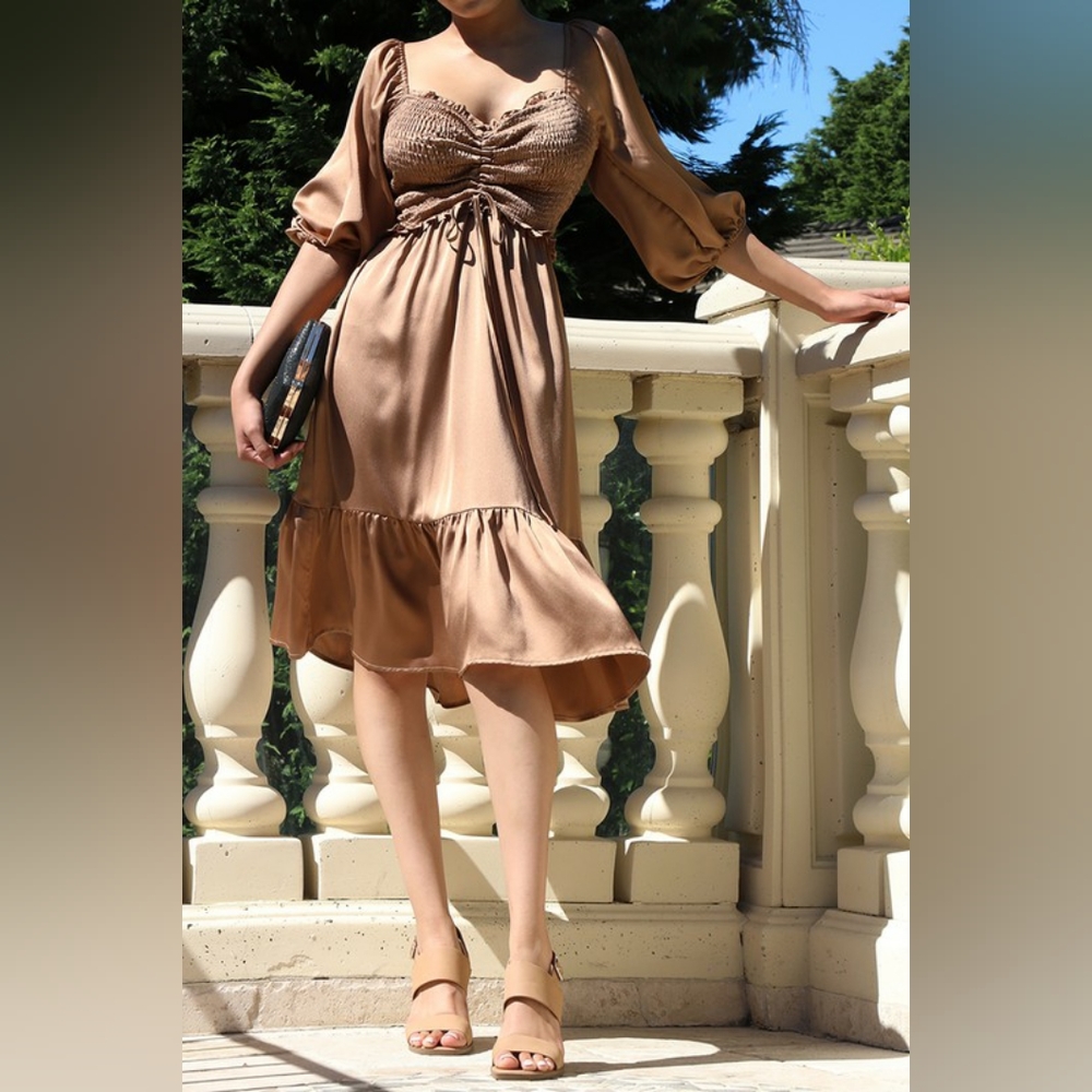 Mocha satin smoked ruffle hem dress